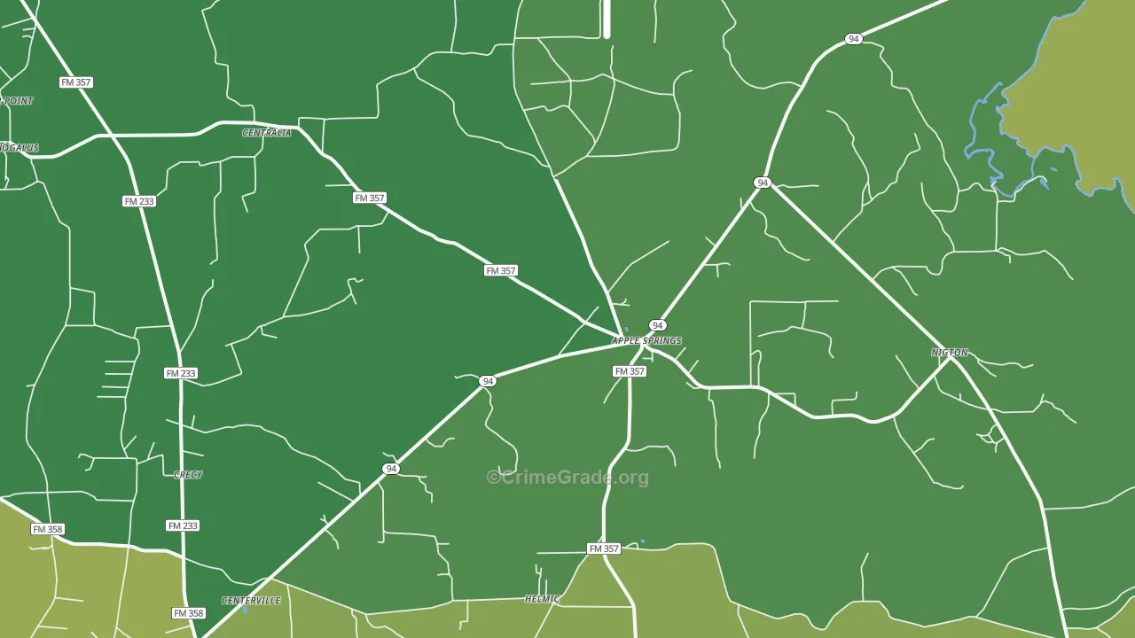 Apple Springs, TX Map of Vehicle Theft Rates