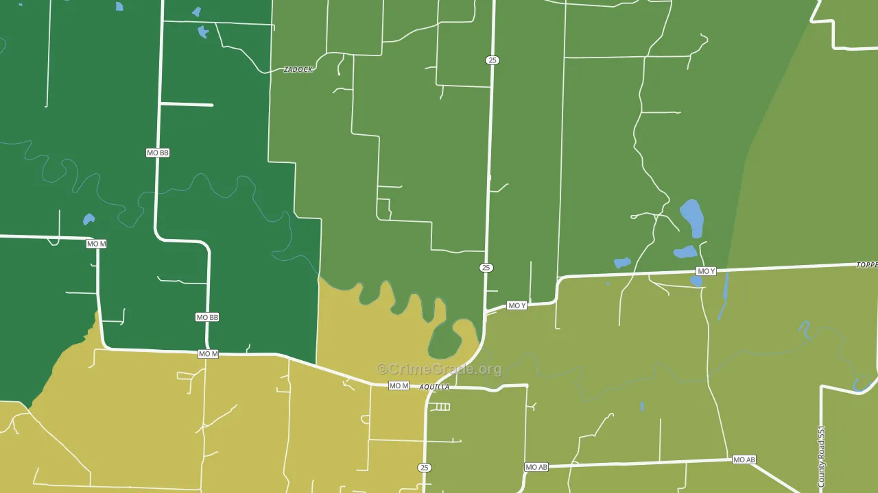 Aquilla, MO Map of Vehicle Theft Rates