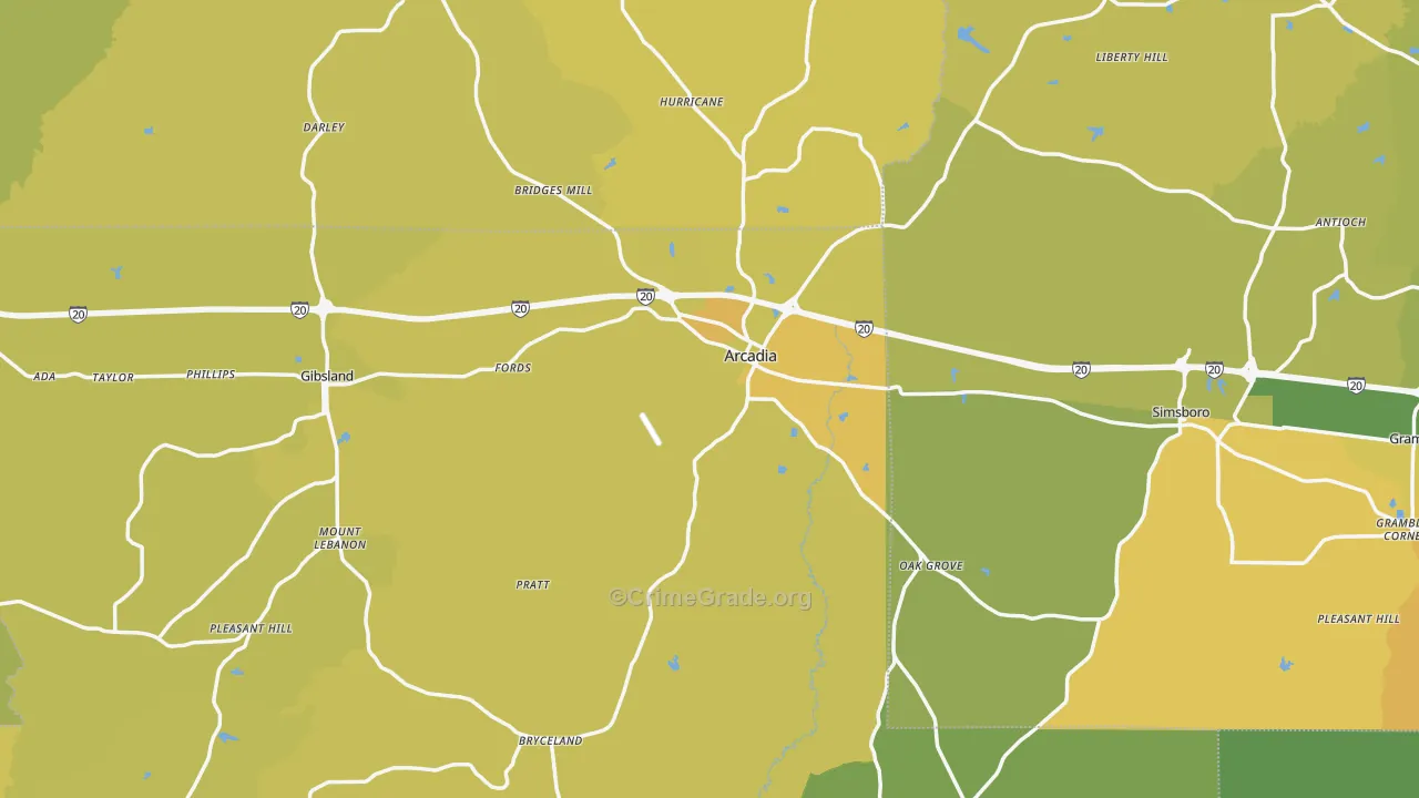 Arcadia, LA Map of Vehicle Theft Rates