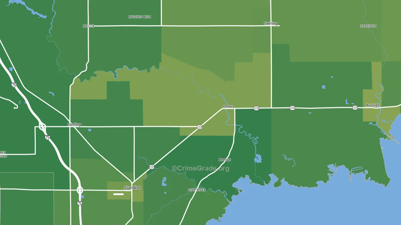 Arenac County, MI Map of Vehicle Theft Rates
