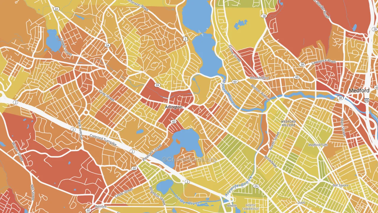 Arlington Center, Arlington, MA Map of Vehicle Theft Rates