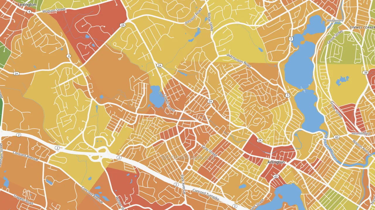 Arlington Heights, Arlington, MA Map of Vehicle Theft Rates