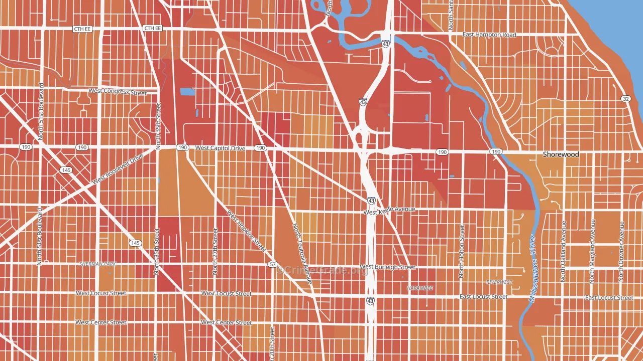 Arlington Heights, Milwaukee, WI Map of Vehicle Theft Rates