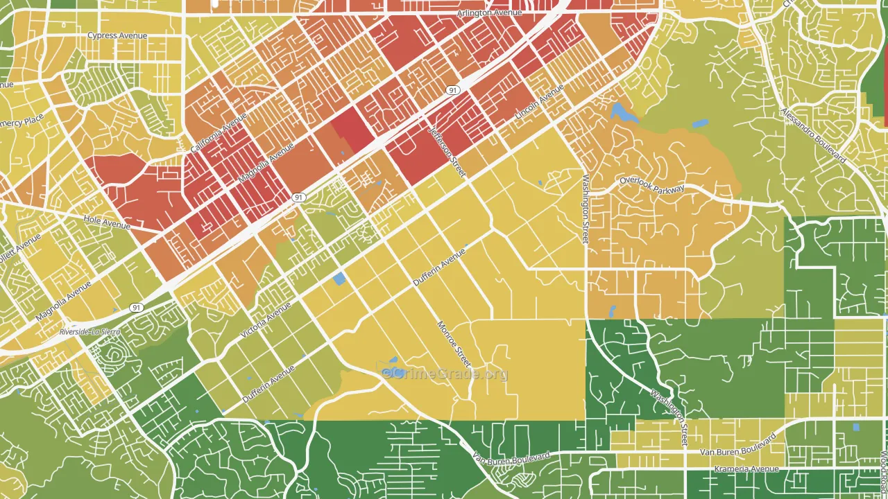 Arlington Heights, Riverside, CA Map of Vehicle Theft Rates