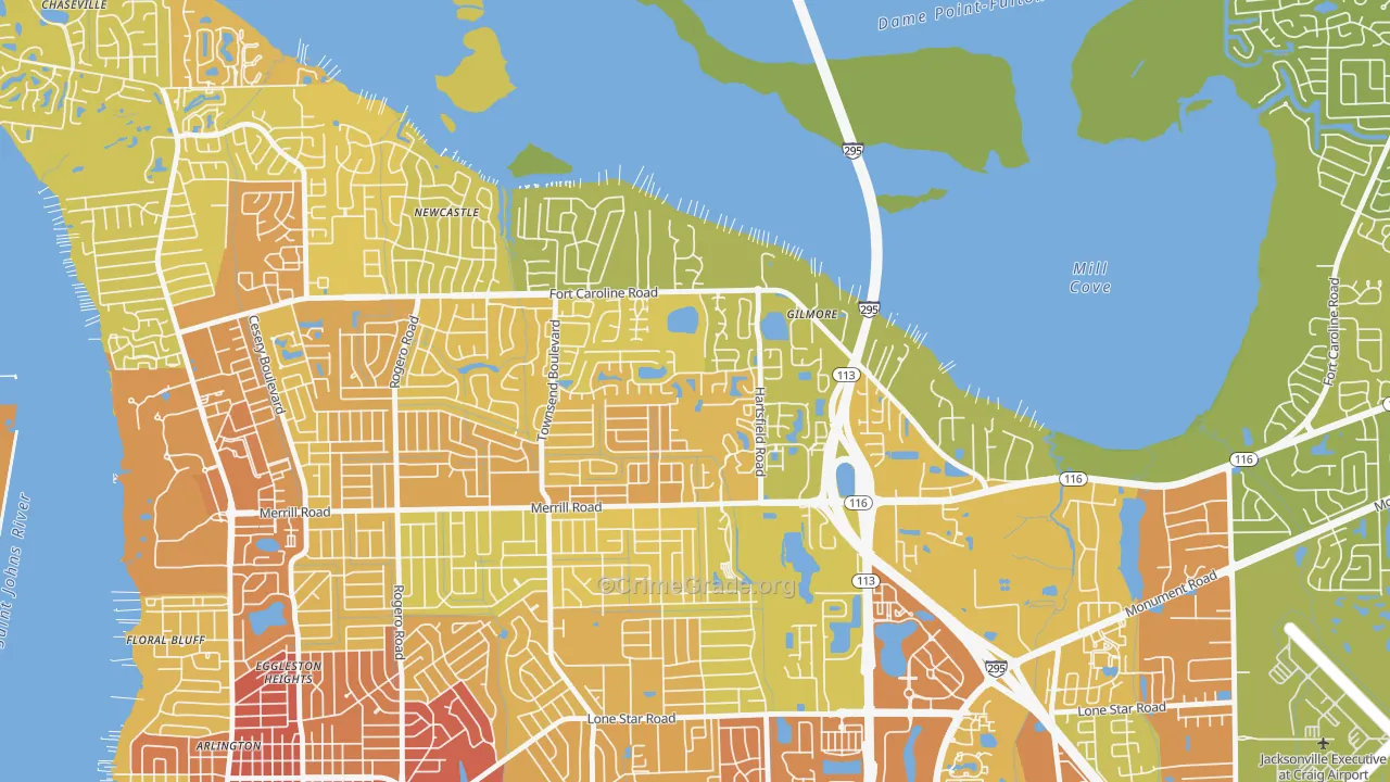 Arlington Hills, Jacksonville, FL Map of Vehicle Theft Rates