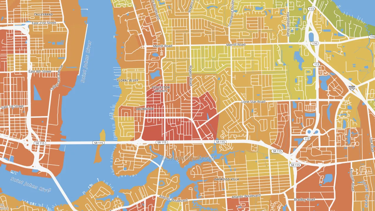 Arlington, Jacksonville, FL Map of Vehicle Theft Rates