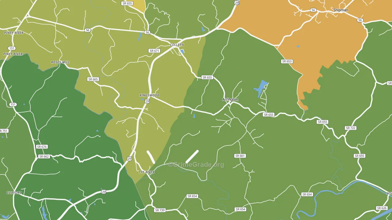 Arrington, VA Map of Vehicle Theft Rates