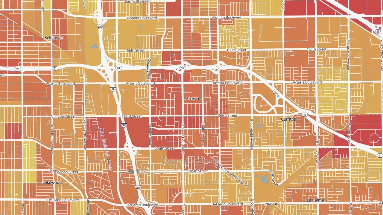 Artesia, CA Map of Vehicle Theft Rates