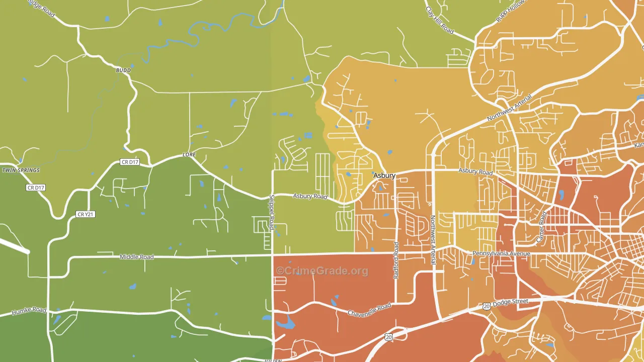 Asbury, IA Map of Vehicle Theft Rates