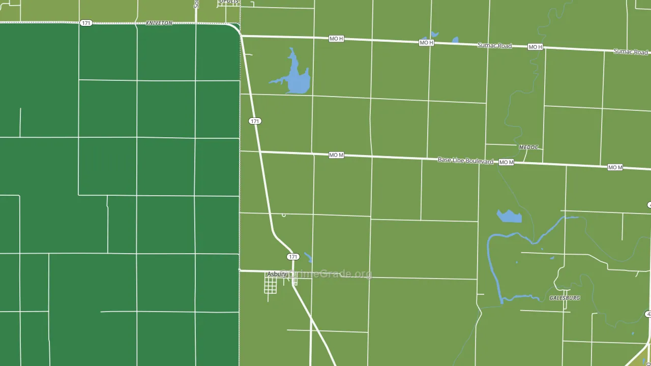 Asbury, MO Map of Vehicle Theft Rates