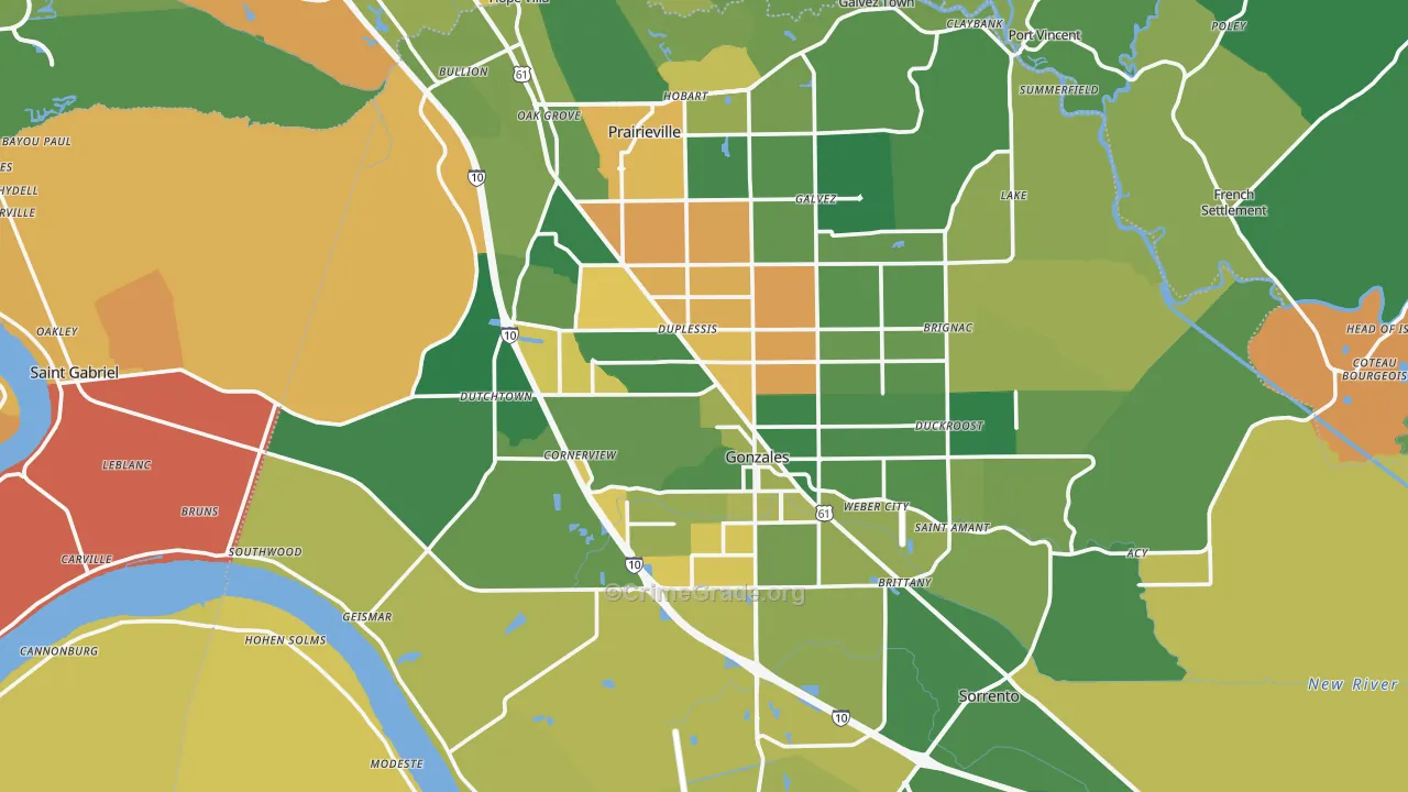 Ascension Parish, LA Map of Vehicle Theft Rates