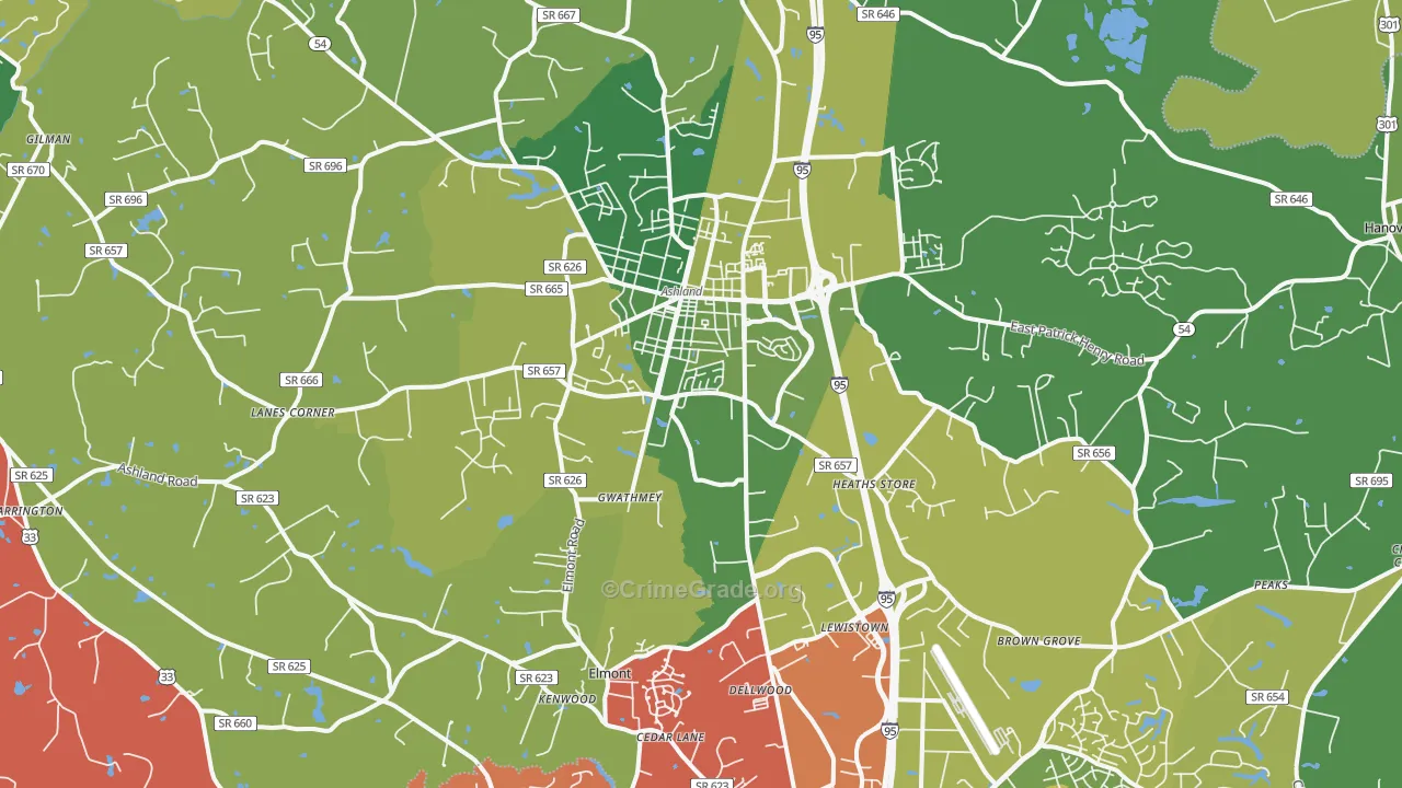 Ashland, VA Map of Vehicle Theft Rates