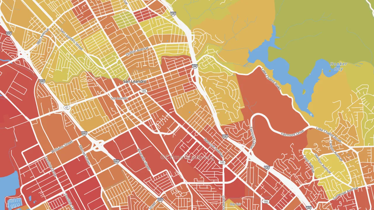 Assumption Parish, San Leandro, CA Map of Vehicle Theft Rates