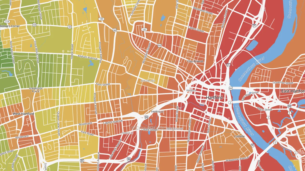 Asylum Hill, Hartford, CT Map of Vehicle Theft Rates