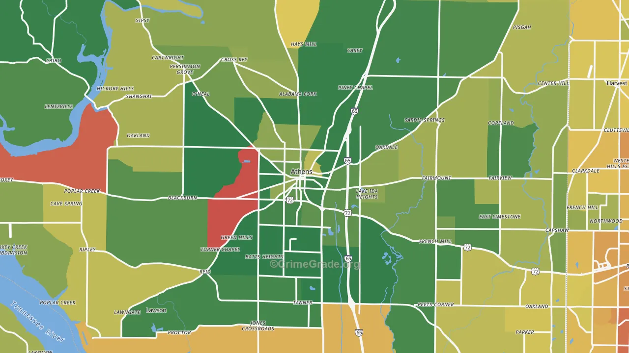 Athens, AL Map of Vehicle Theft Rates