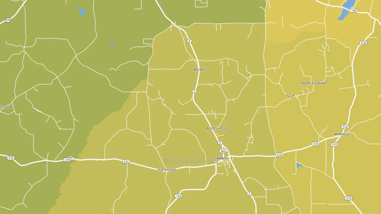 Athens, LA Map of Vehicle Theft Rates
