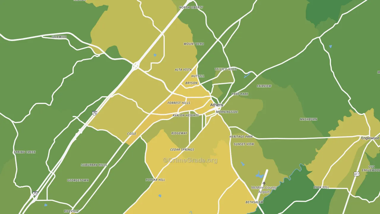 Athens, TN Map of Vehicle Theft Rates