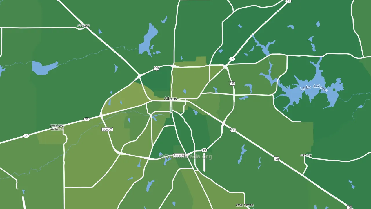 Athens, TX Map of Vehicle Theft Rates