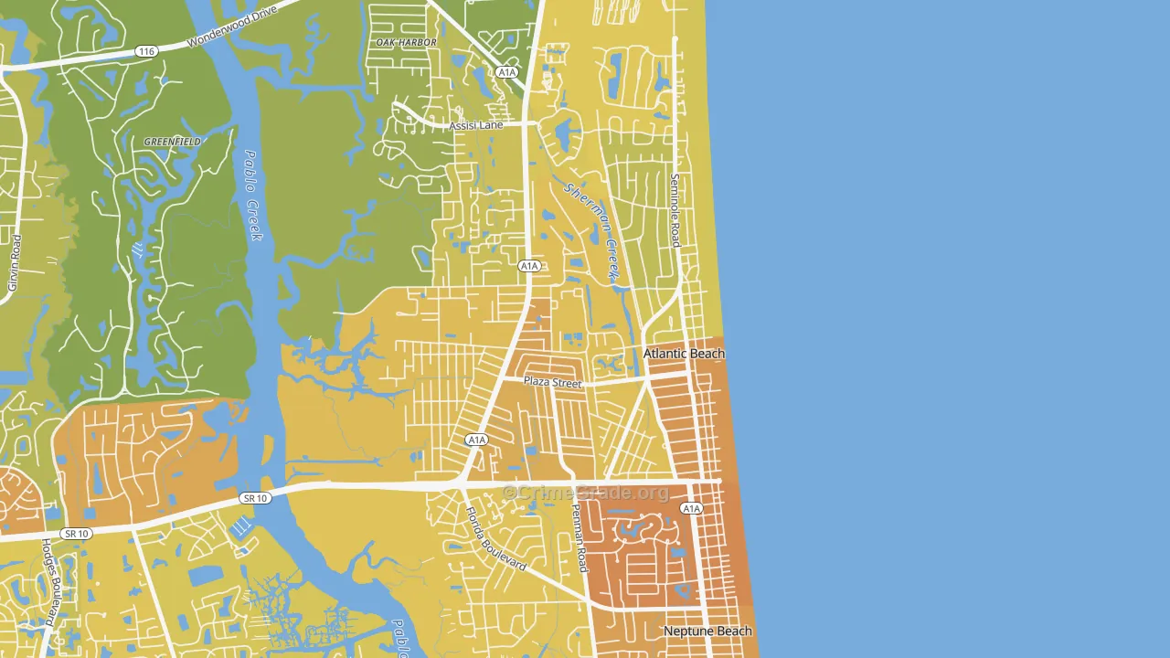 Atlantic Beaches, Atlantic Beach, FL Map of Vehicle Theft Rates