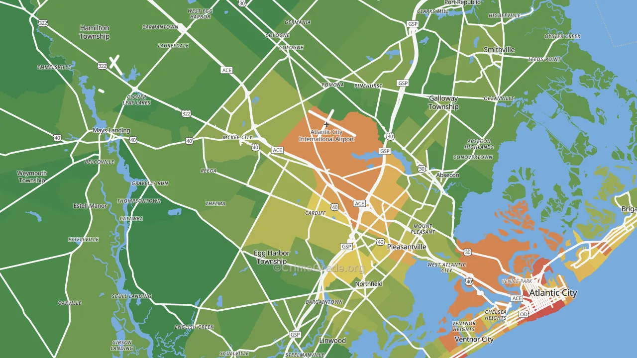 Atlantic County, NJ Map of Vehicle Theft Rates
