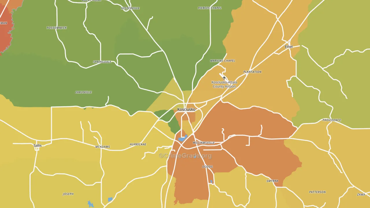 Attala County, MS Map of Vehicle Theft Rates