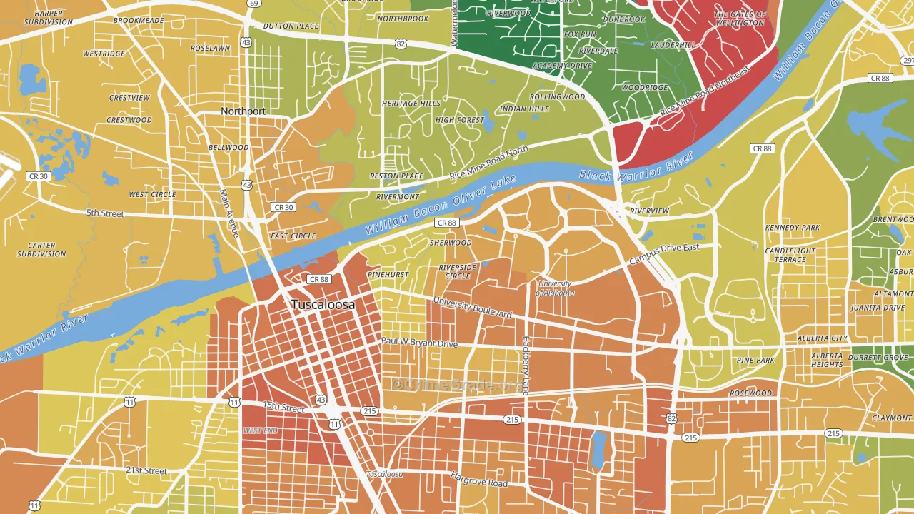 Audubon Place, Tuscaloosa, AL Map of Vehicle Theft Rates
