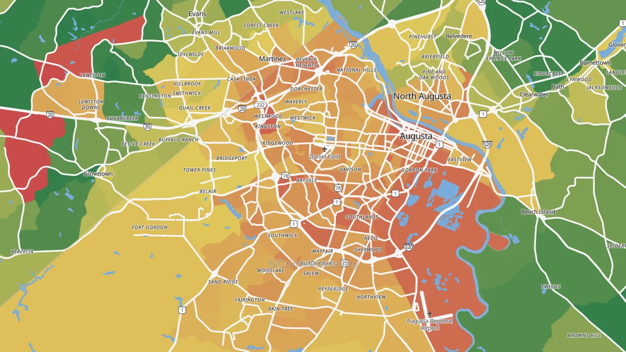 Augusta, GA Map of Vehicle Theft Rates