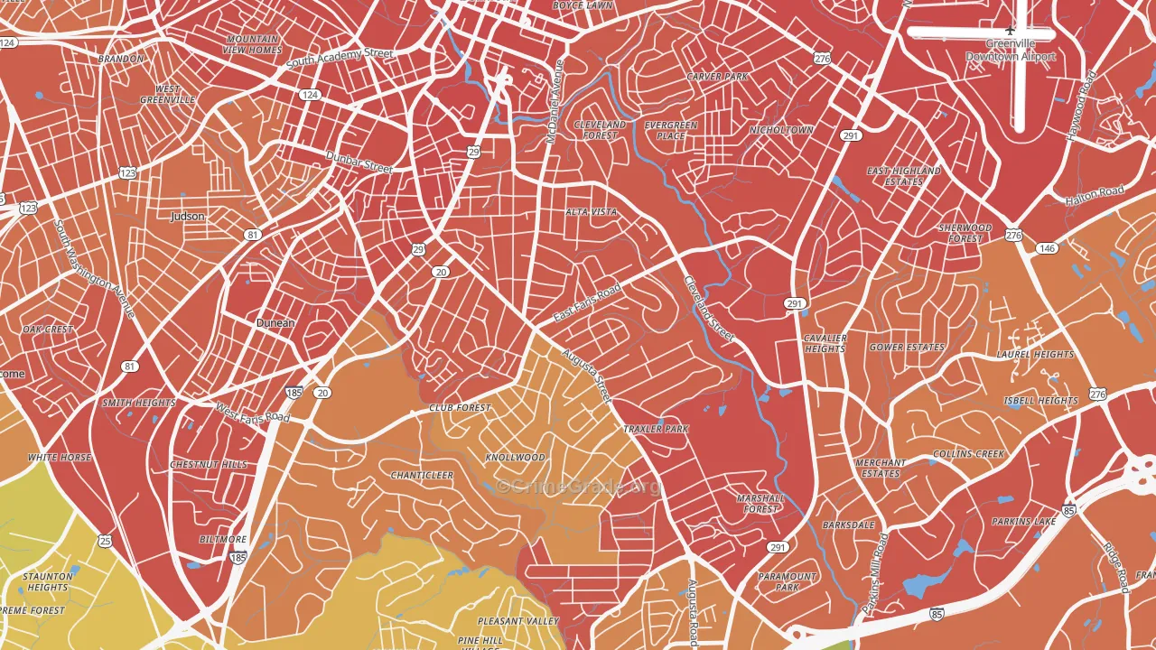 Augusta Street Area, Greenville, SC Map of Vehicle Theft Rates