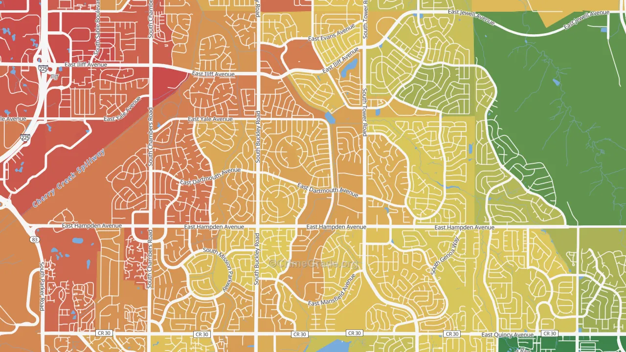Aurora Knolls-Hutchinson Heights, Aurora, CO Map of Vehicle Theft Rates