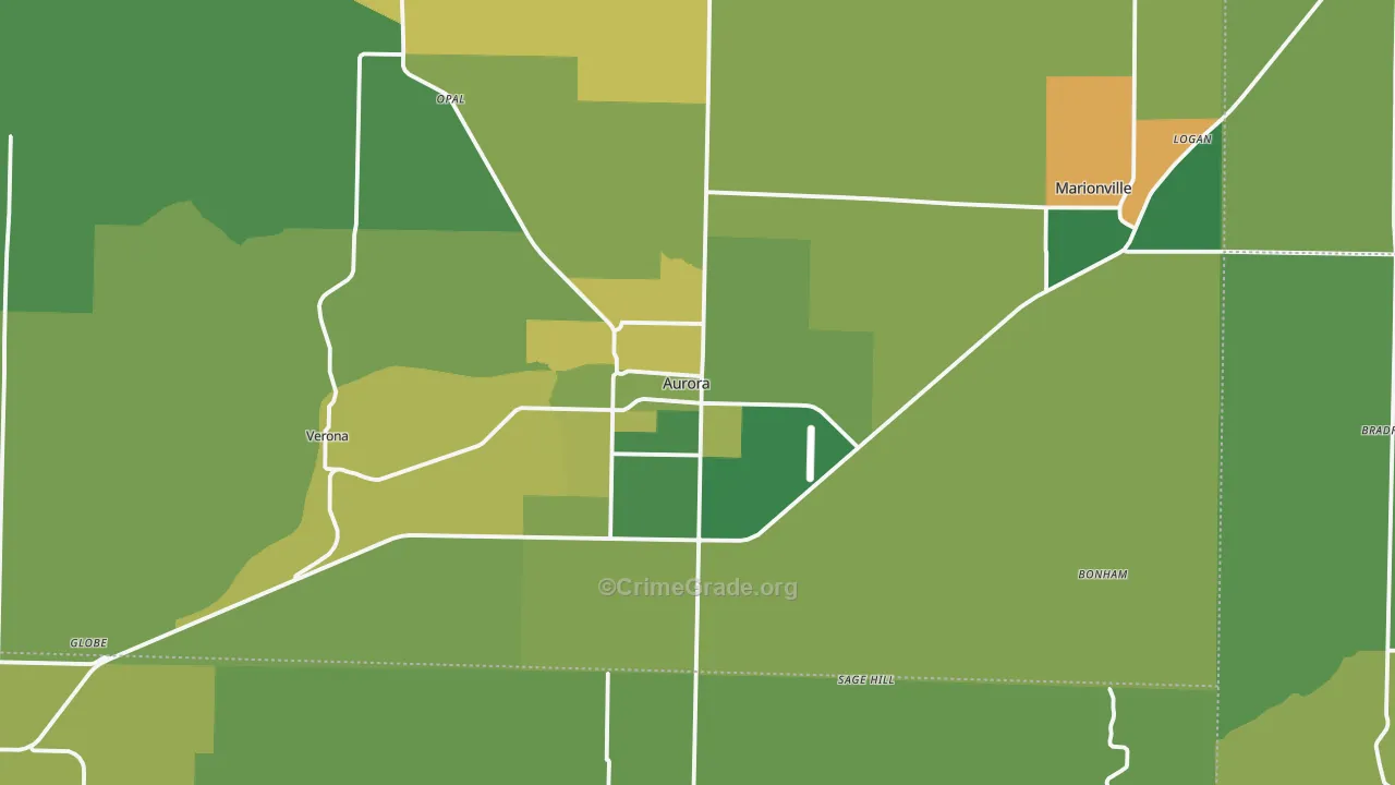 Aurora, MO Map of Vehicle Theft Rates
