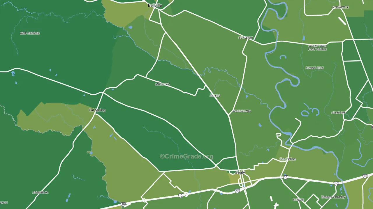 Austin County, TX Map of Vehicle Theft Rates