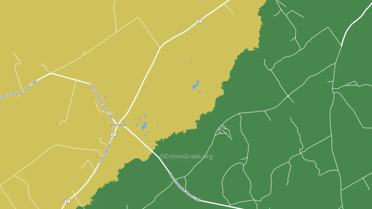 Austonio, TX Map of Vehicle Theft Rates