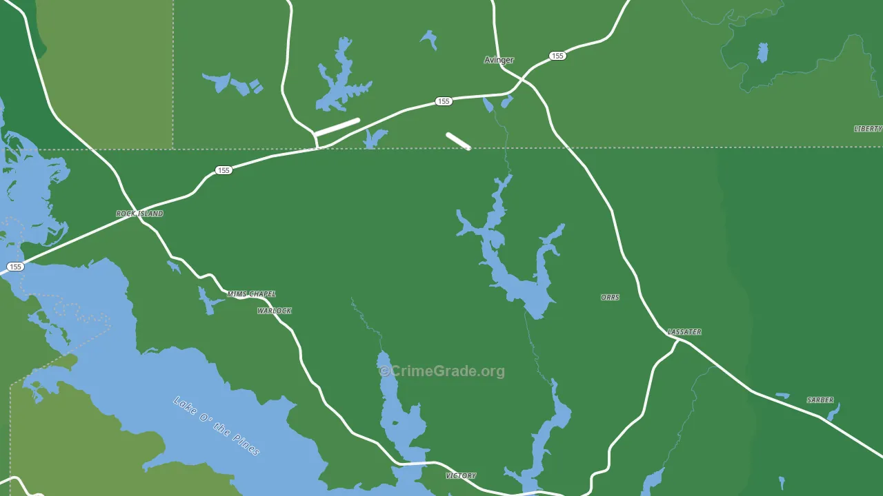 Avinger, TX Map of Vehicle Theft Rates