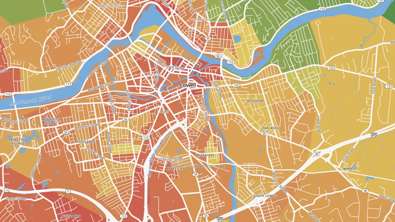 Back Central, Lowell, MA Map of Vehicle Theft Rates