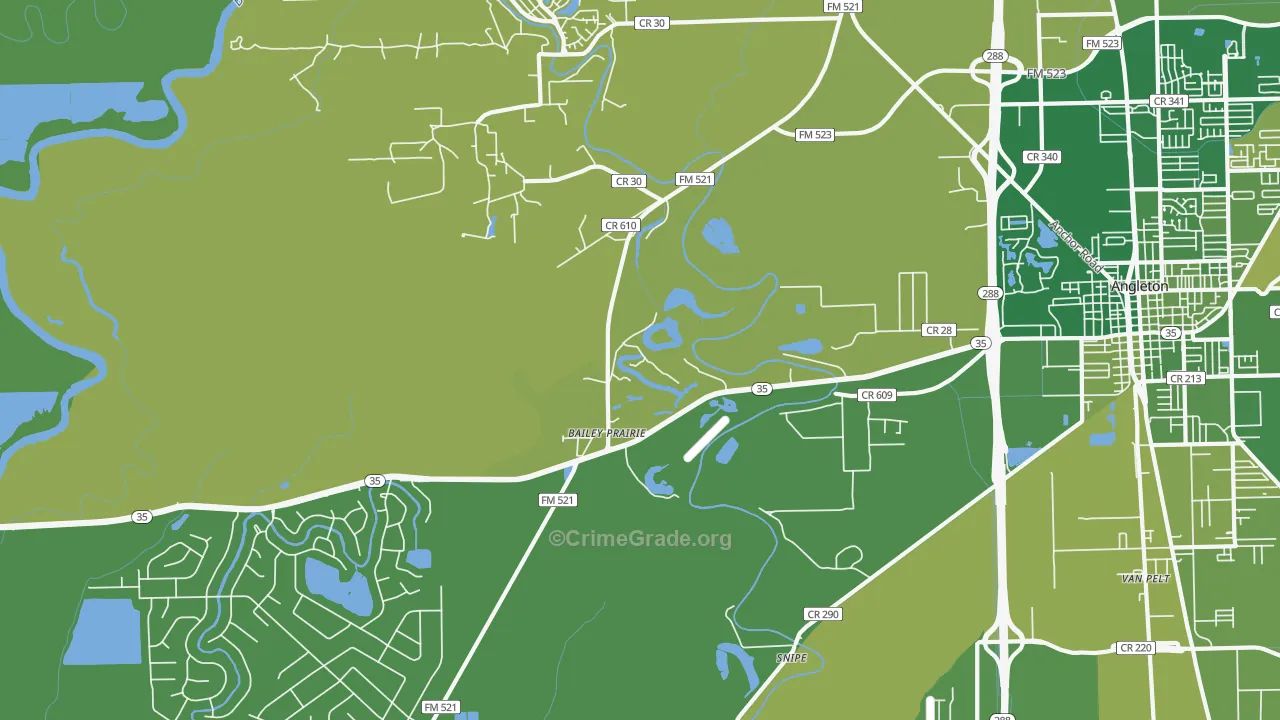 Baileys Prairie, TX Map of Vehicle Theft Rates