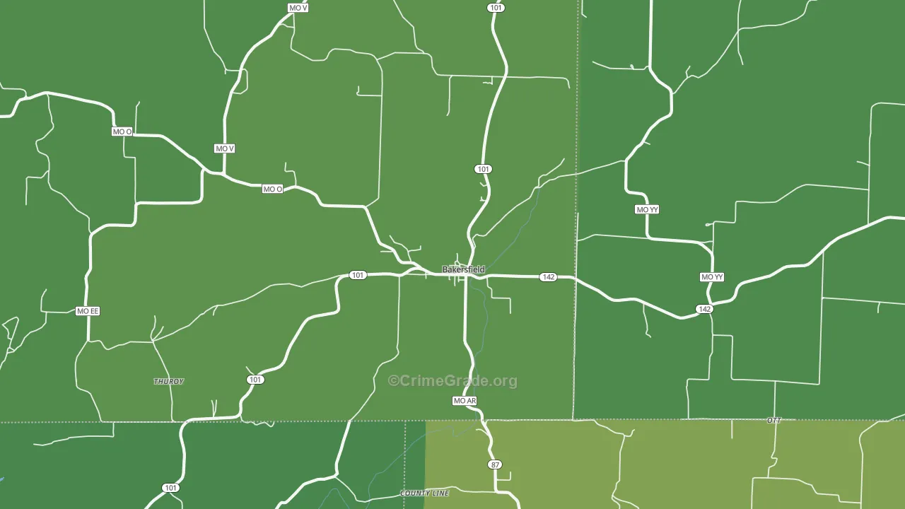 Bakersfield, MO Map of Vehicle Theft Rates