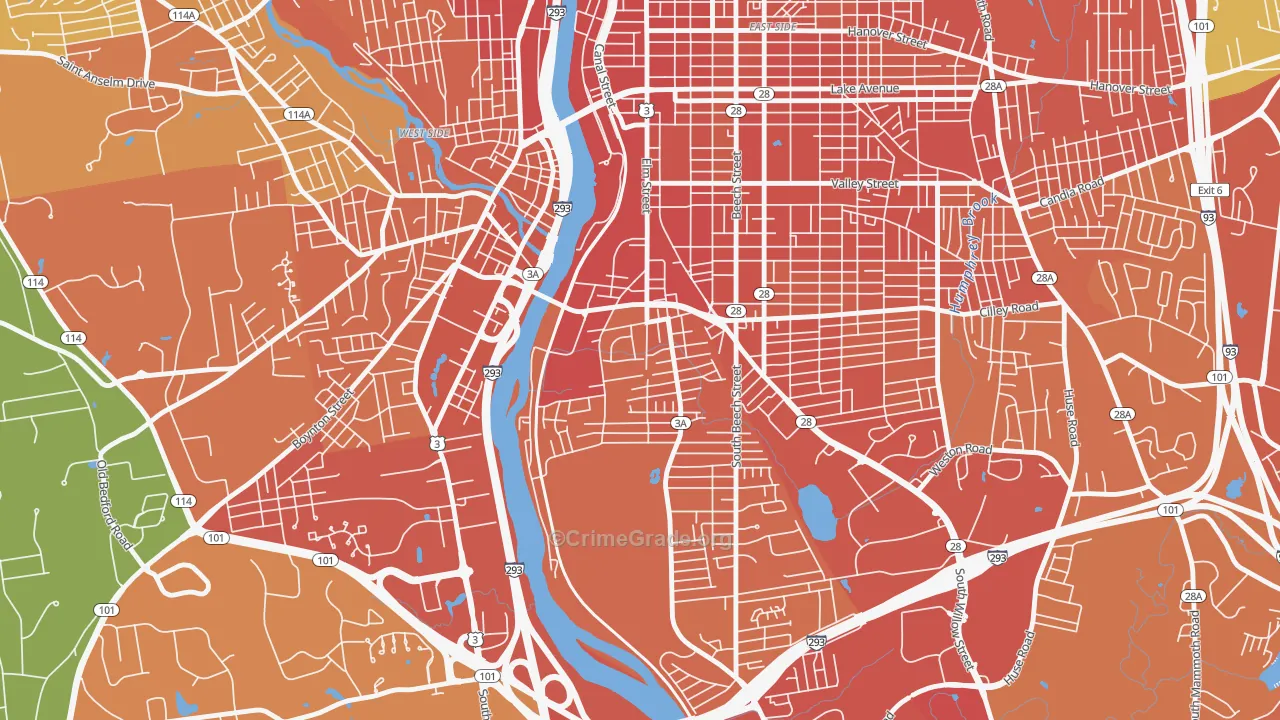 Bakersville, Manchester, NH Map of Vehicle Theft Rates