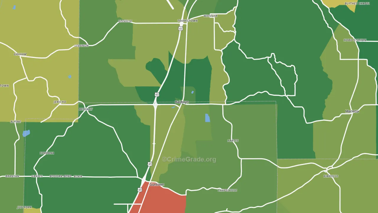 Baldwyn, MS Map of Vehicle Theft Rates