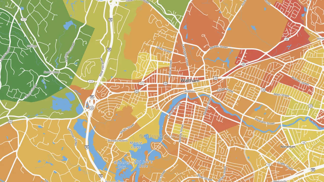 Bank Square, Waltham, MA Map of Vehicle Theft Rates