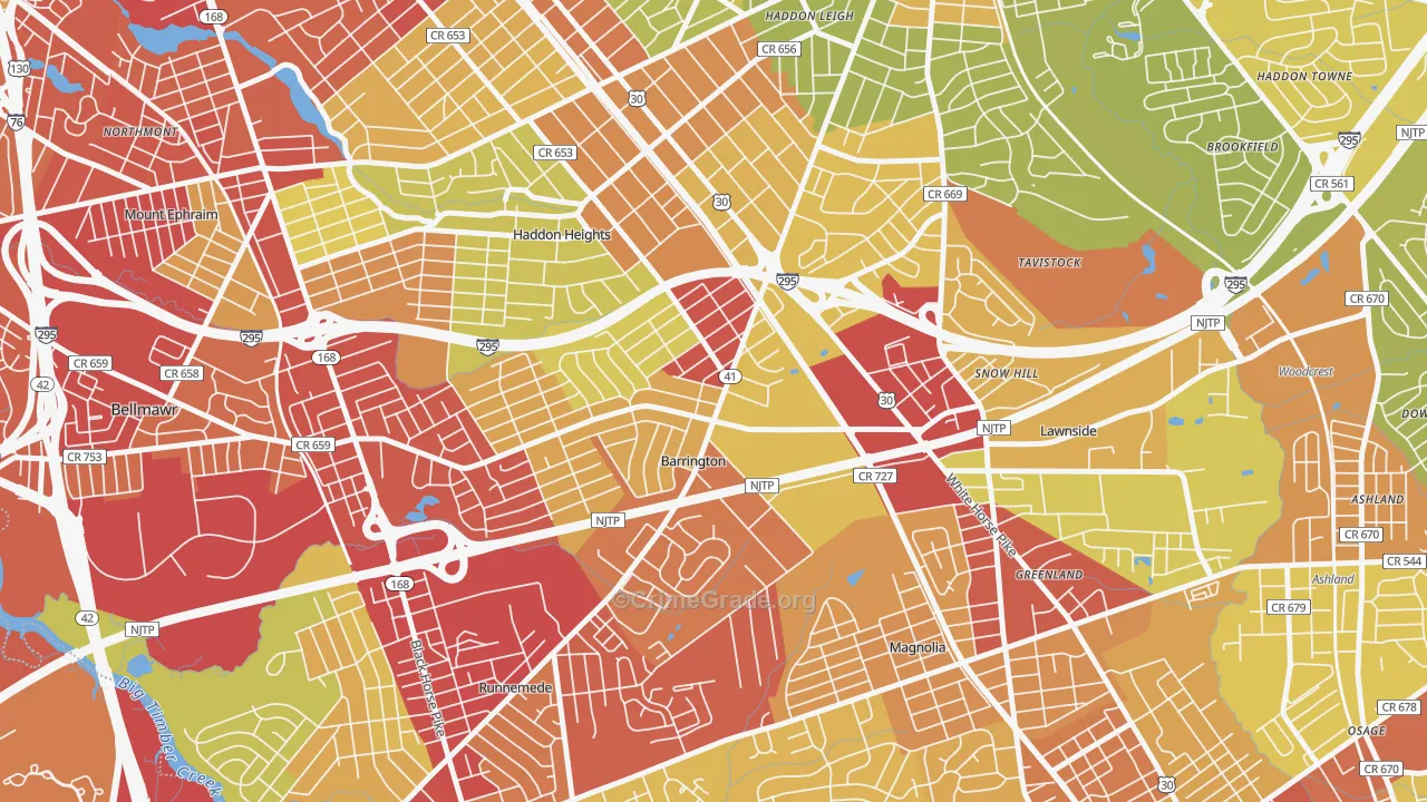 Barrington, NJ Map of Vehicle Theft Rates