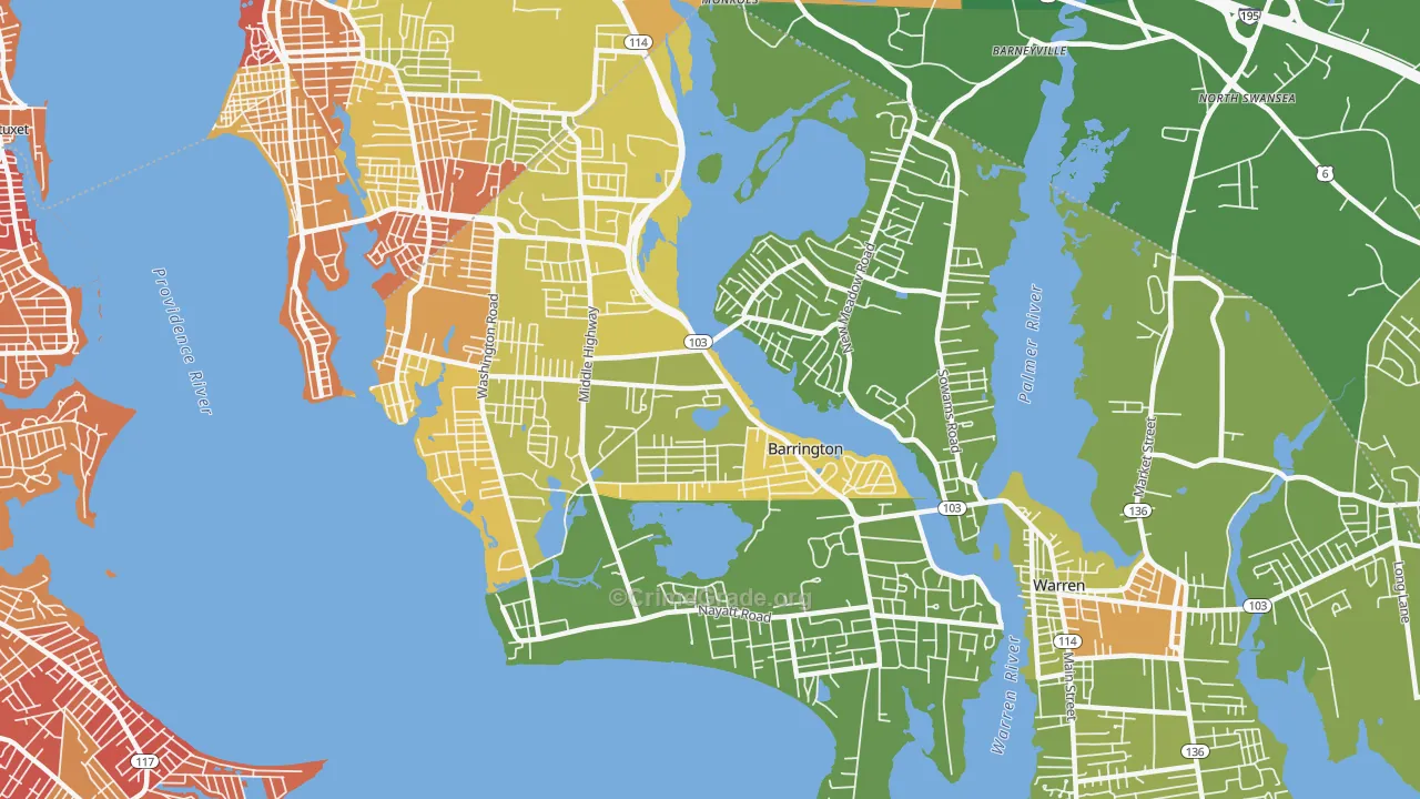 Barrington, RI Map of Vehicle Theft Rates