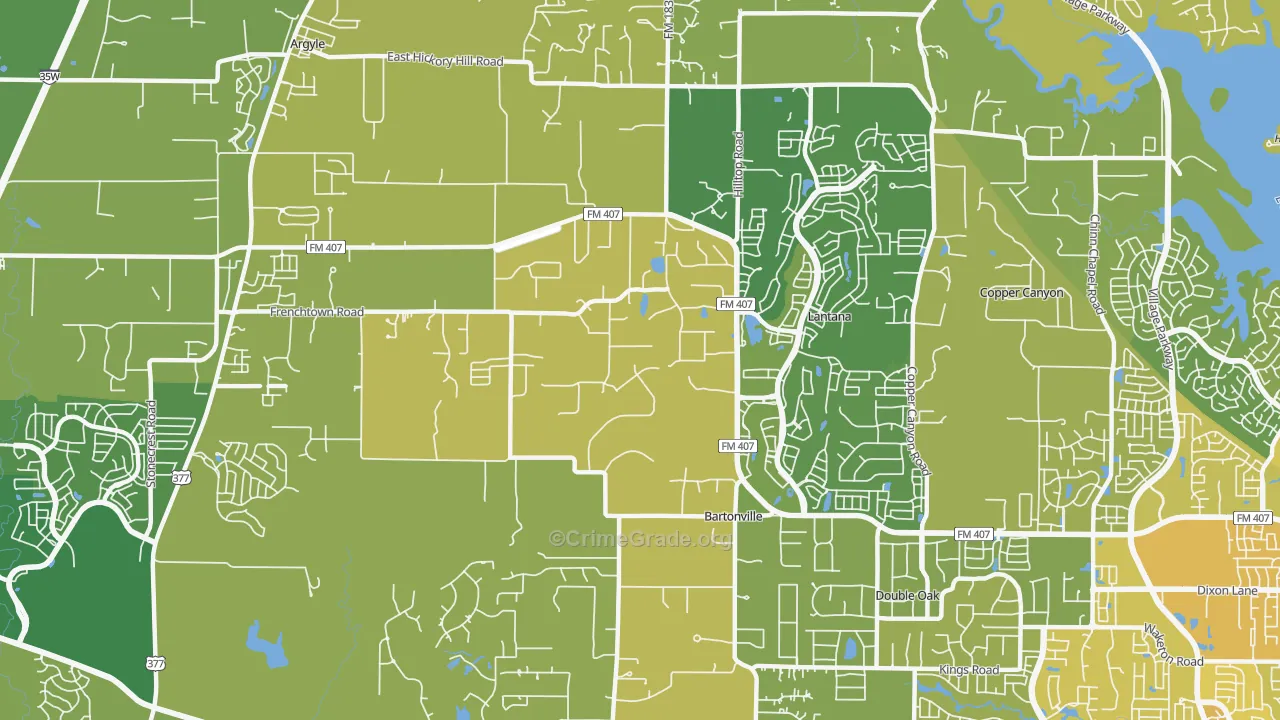 Bartonville, TX Map of Vehicle Theft Rates