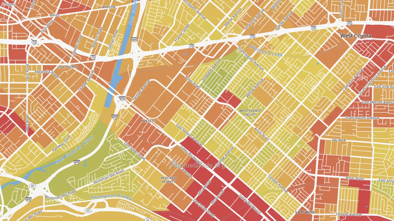 Bassett, West Puente Valley, CA Map of Vehicle Theft Rates