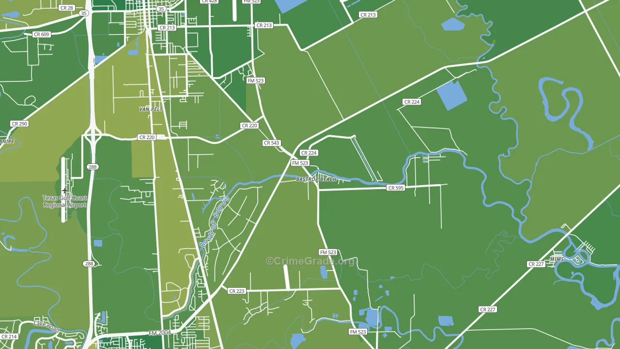 Bastrop Beach, TX Map of Vehicle Theft Rates