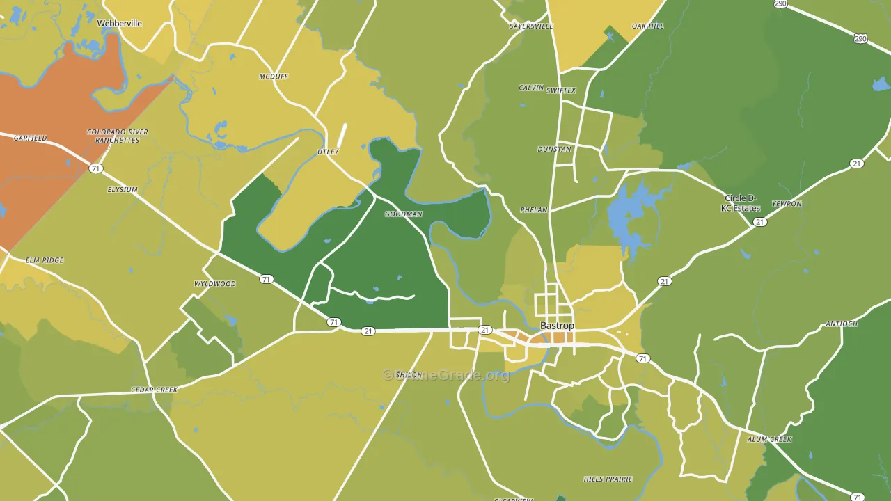 Bastrop County, TX Map of Vehicle Theft Rates