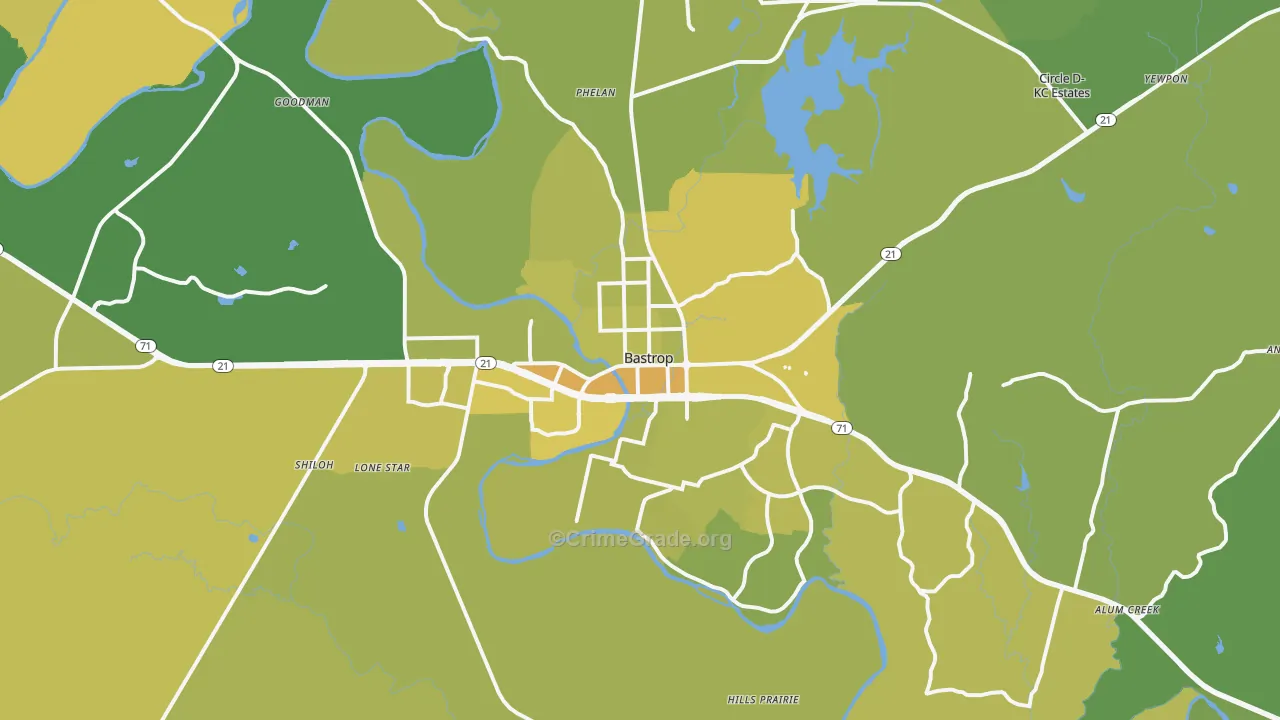 Bastrop, TX Map of Vehicle Theft Rates