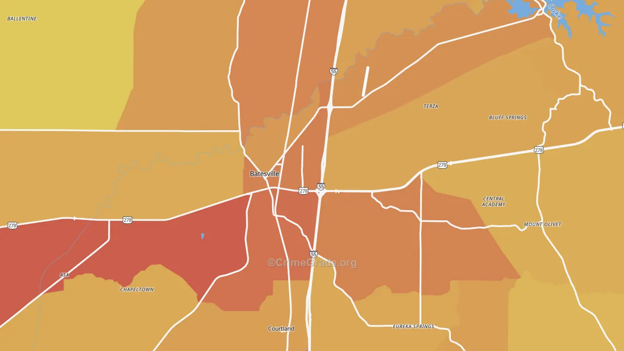 Batesville, MS Map of Vehicle Theft Rates
