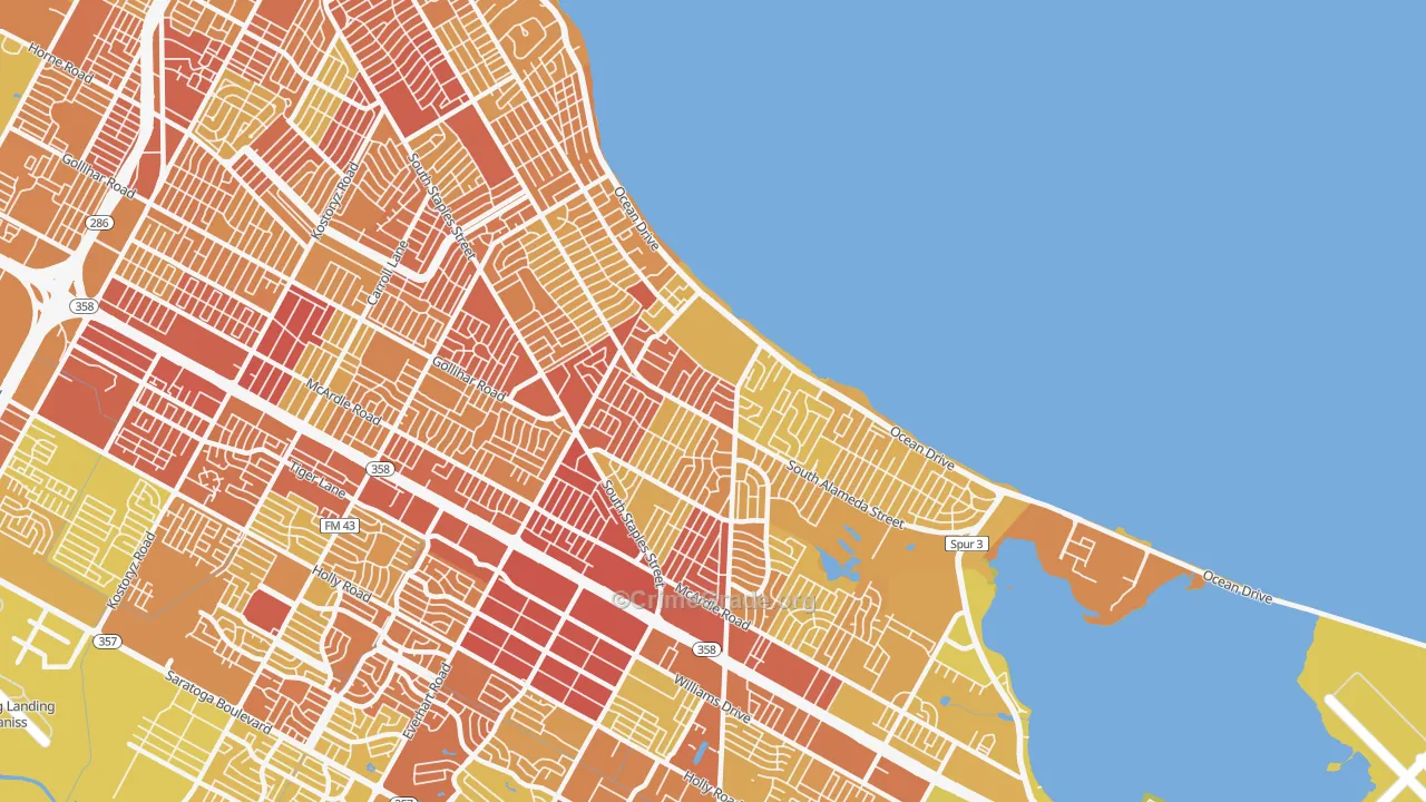 Bay Area, Corpus Christi, TX Map of Vehicle Theft Rates