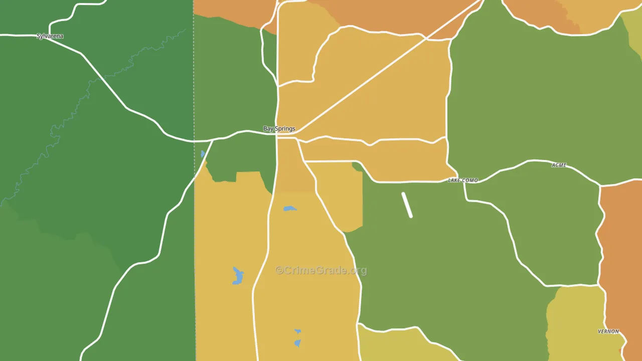 Bay Springs, MS Map of Vehicle Theft Rates