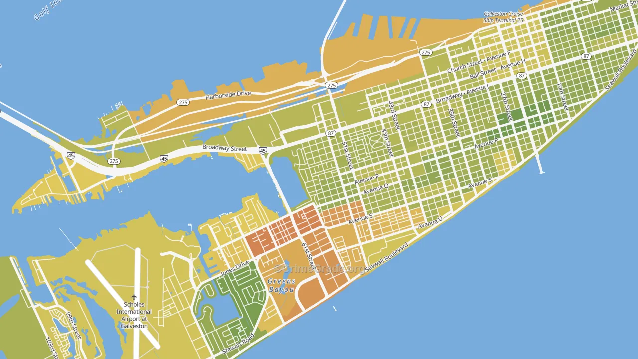 Bayou Shore, Galveston, TX Map of Vehicle Theft Rates